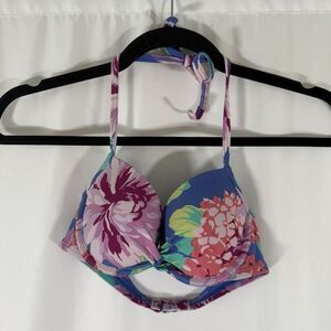 Aerie Bikini Swim Top Women's 32B Blue Floral Adjustable Hook Eye Padded Underwi